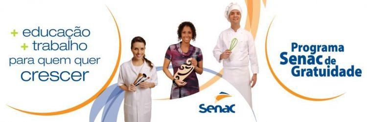 SENAC, programa de gratuidade, cozinheiro segurando um mexedor, mulher segurando acessórios de maquiagem