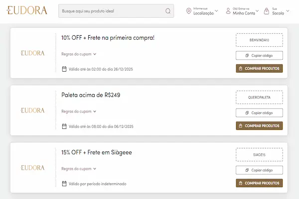 Cupons de desconto Eudora para ganhar brindes